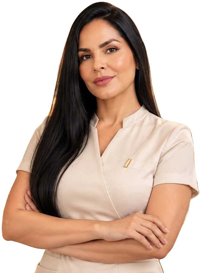 Marysol Pantoja con uniforme marfil y brazos cruzados